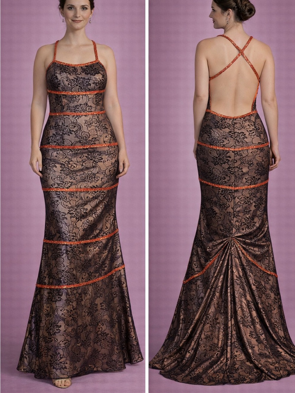 Sleeveless Black Lace Overlay Evening Gown with Copper lining and Red Trims